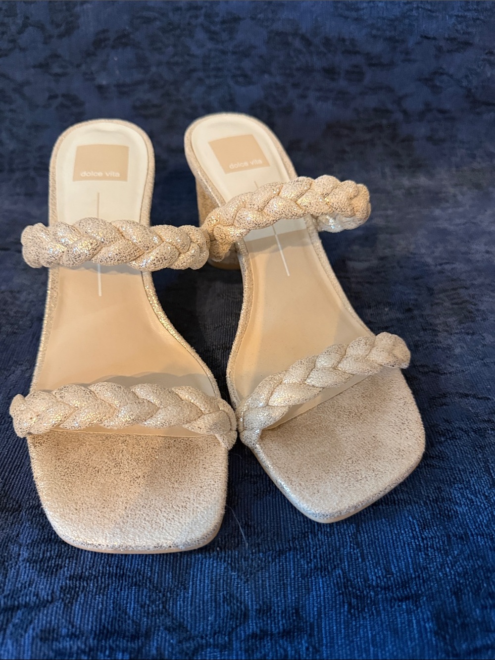 Dolce Vita Shimmery Beige Braided Double-Strap Mules